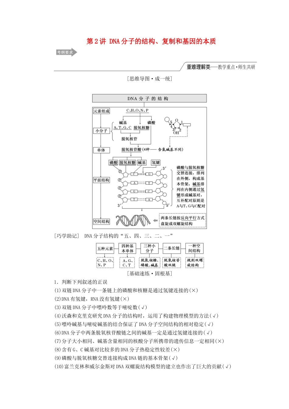（江苏专版）高考生物一轮复习 第二单元 第2讲 DNA分子的结构、复制和基因的本质讲义（含解析）（必修2）-人教版高三必修2生物教案_第1页