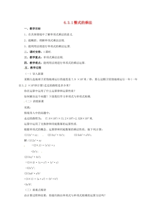 七年级数学下册 6.3.1 整式的乘法教案 （新版）北京课改版-北京课改版初中七年级下册数学教案