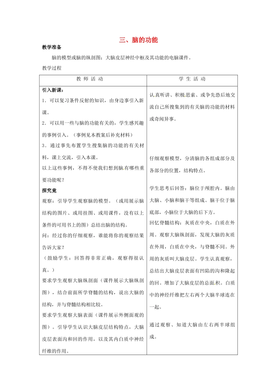 七年级生物下册 第四章《合理用脑 高效学习》4.3.3 脑的功能教案 （新版）冀教版_第1页
