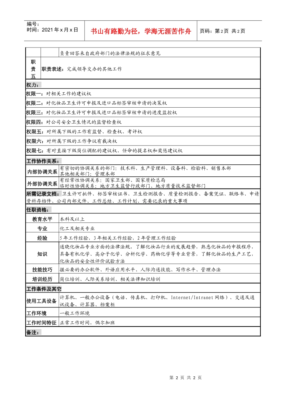 化妆品公司药事科主管岗位说明书_第2页
