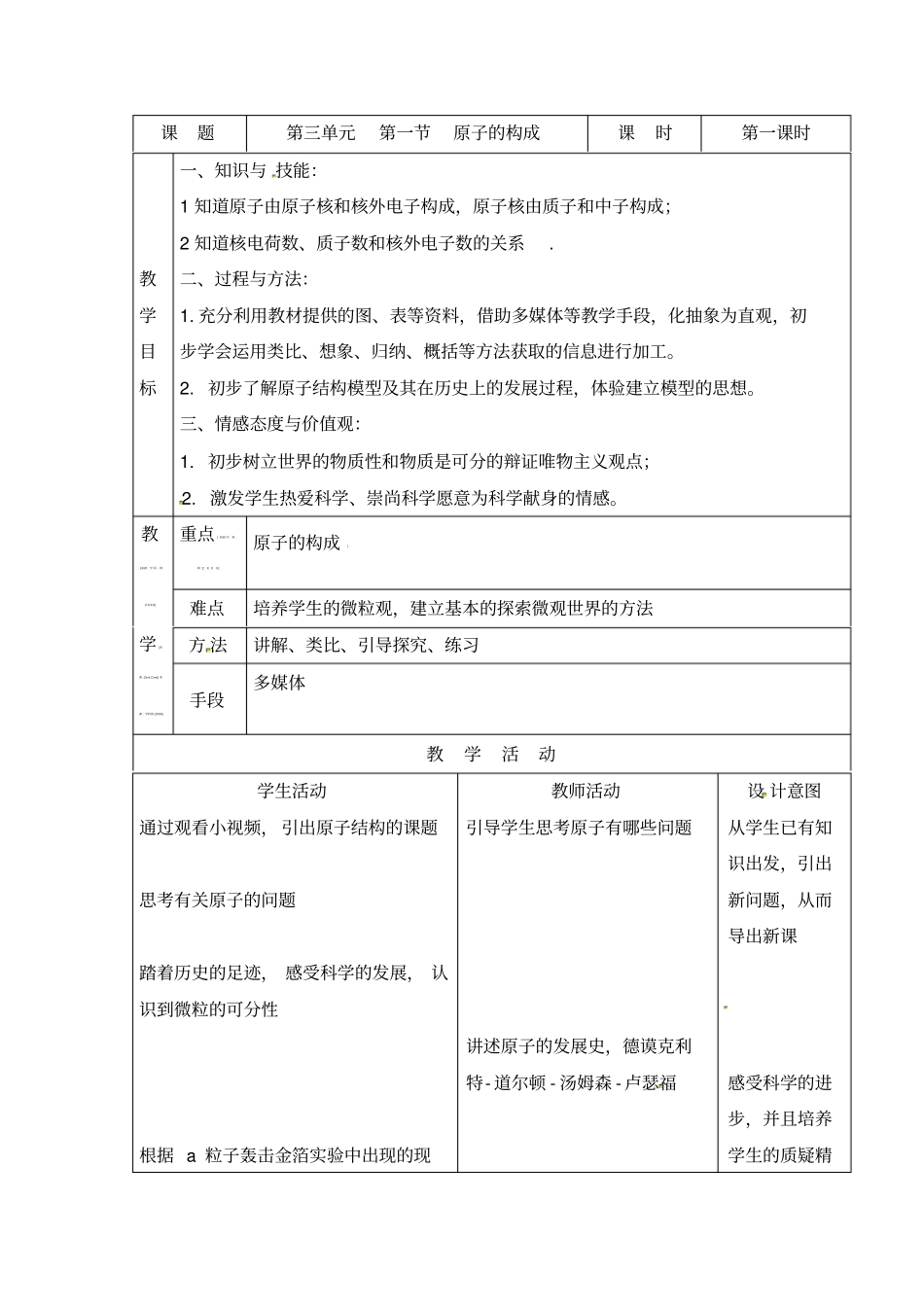 初中化学_原子的结构教学设计学情分析教材分析课后反思_第1页