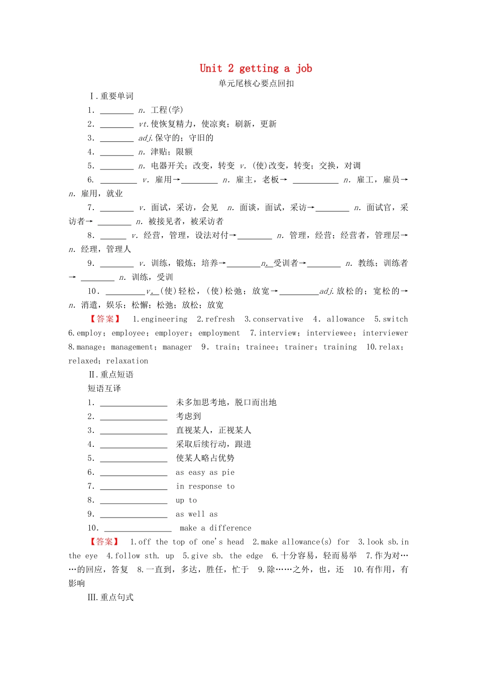 高中英语 Unit 2 getting a job单元尾核心要点回扣（教师用书）教案 牛津译林版选修11-牛津版高三选修11英语教案_第1页