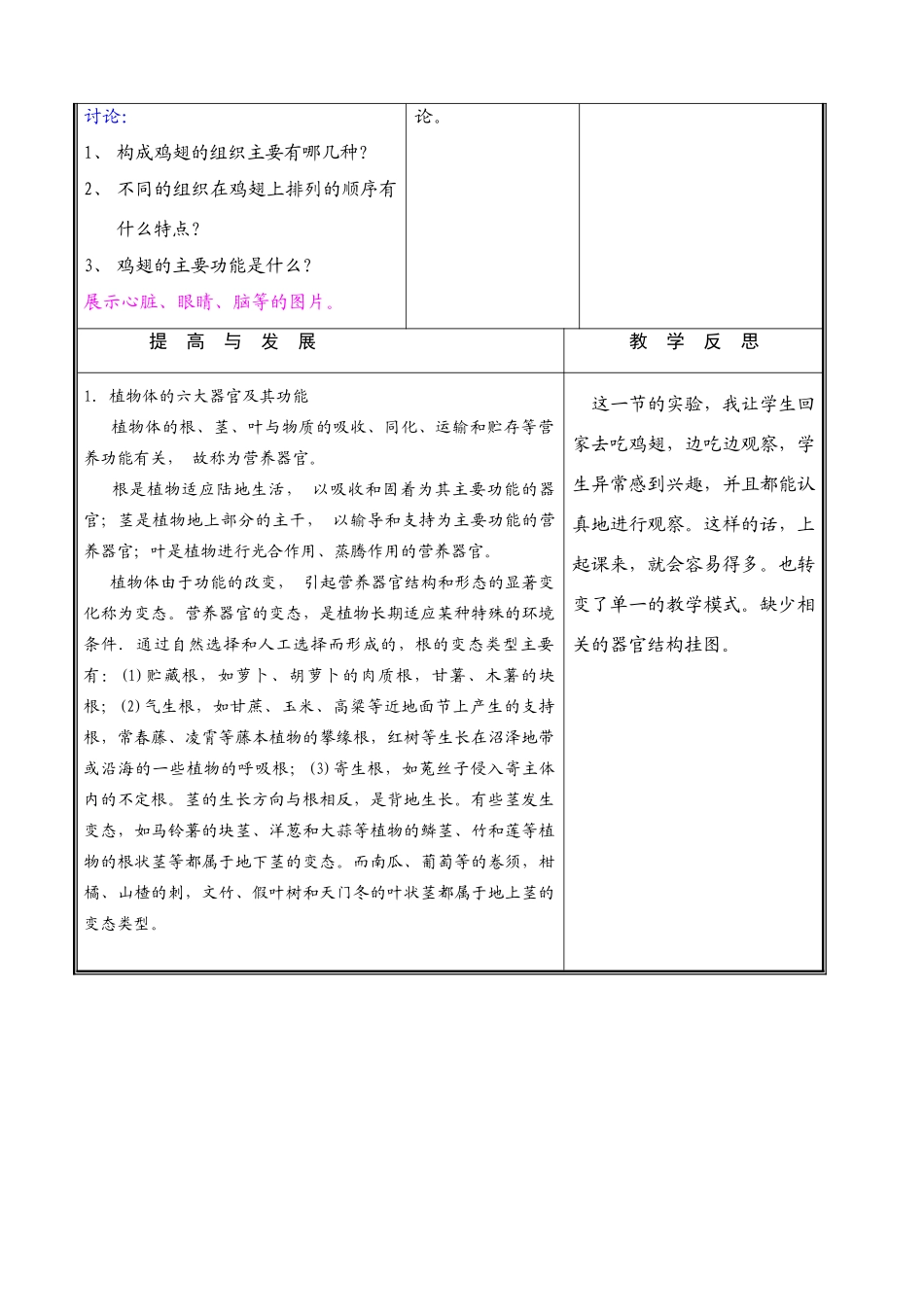 七年级生物上册 第四章第二节生物体由器官和系统组成(一)教案 北师大版_第3页