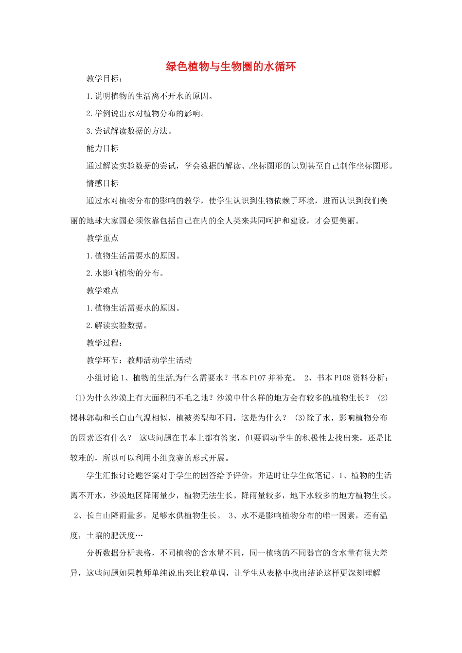 七年级生物上册 3.4.2 绿色植物与生物圈的水循环教案 （新版）苏科版-（新版）苏科版初中七年级上册生物教案_第1页