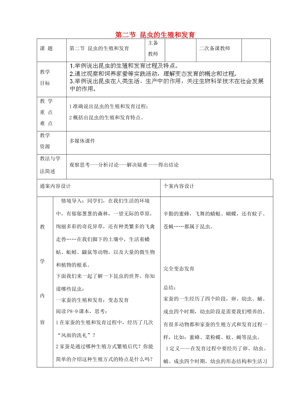 山东省烟台市黄务中学八年级生物下册 第一章 第二节昆虫的生殖发育教案 新人教版_第1页