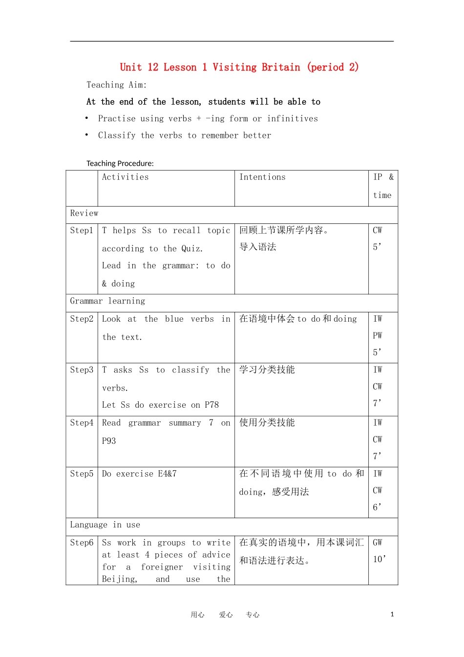 高一英语 Unit12 Lesson1 Visiting Britain 教案Period 2 北师大版必修模块4_第1页