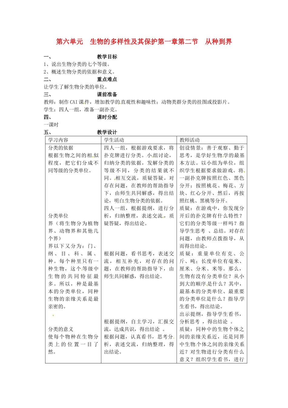 山东省临淄外国语实验学校八年级生物上册 第六单元 的多样性及其保护第一章第二节 从种到界教案 新人教版_第1页