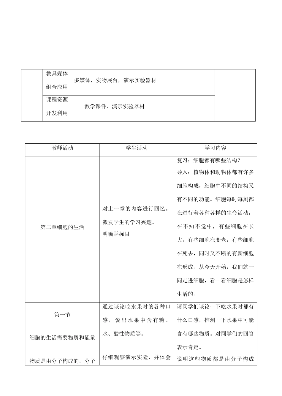 七年级生物上册 2.2.1 细胞的生活需要物质和能量教学设计 人教版_第2页