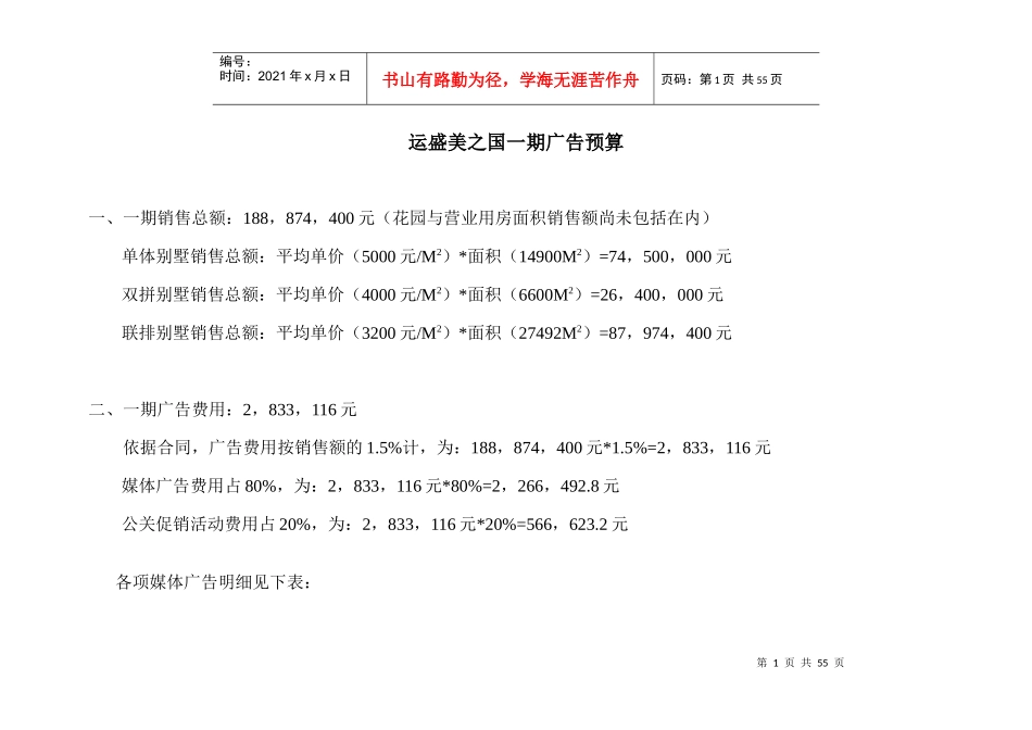 【房地产】运盛美之国一期广告预算_第1页