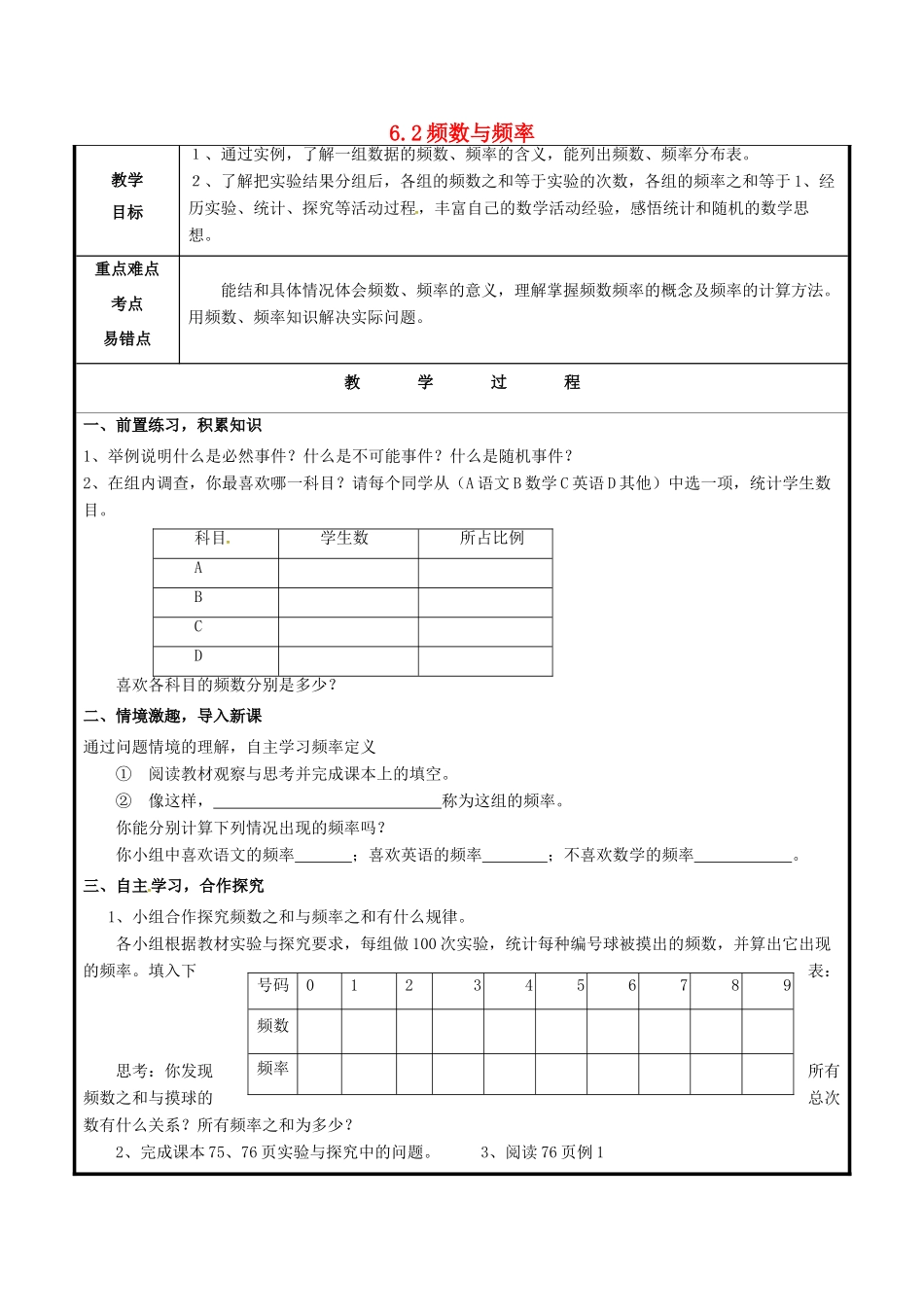 山东省聊城市高唐县九年级数学下册 6.2 频数与频率教案 （新版）青岛版-（新版）青岛版初中九年级下册数学教案_第1页