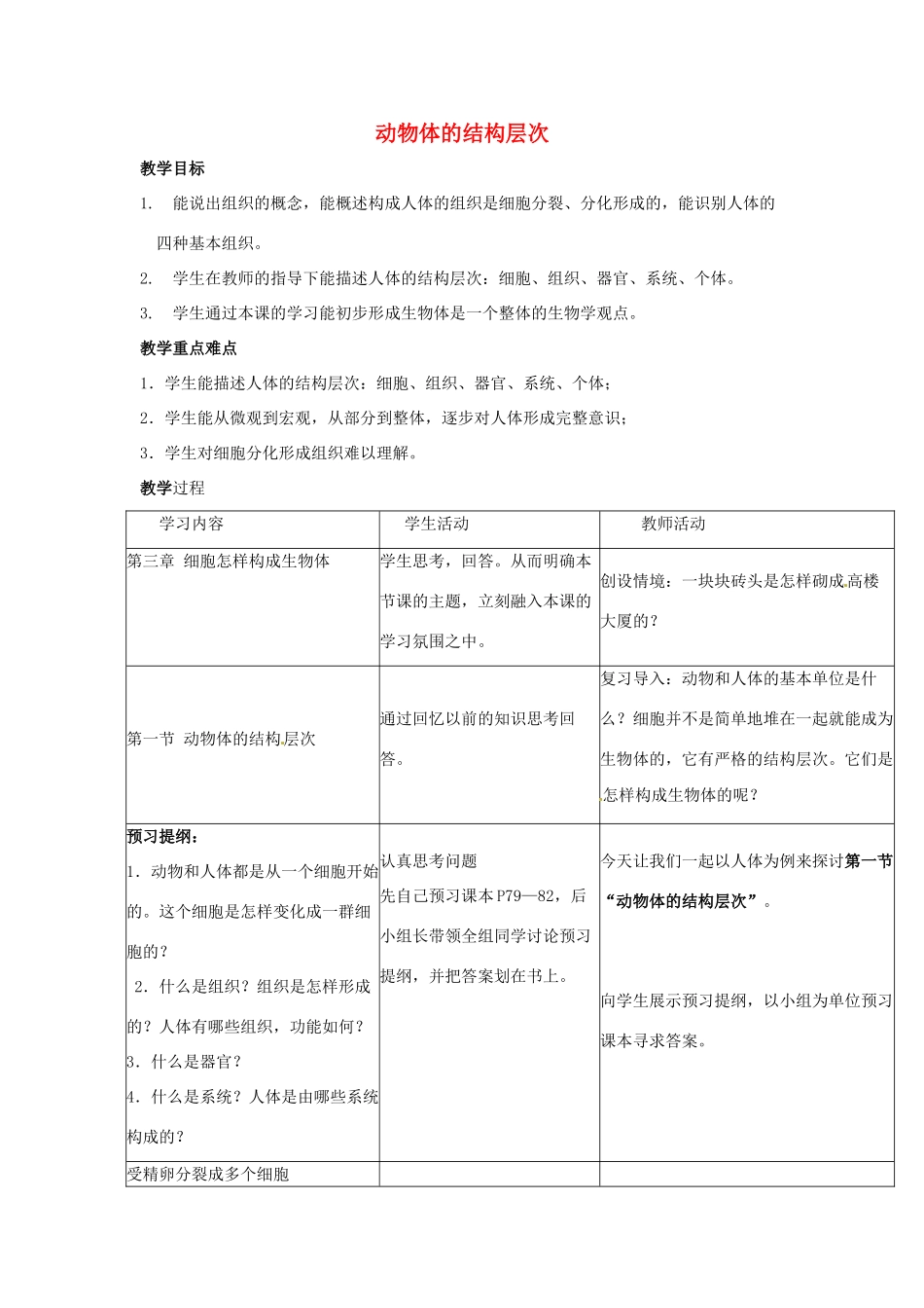 山东省龙口市诸由观镇诸由中学七年级生物上册 第二单元 第三章 第一节 动物体的结构层次教案 新人教版_第1页