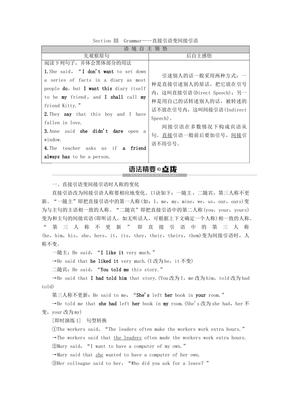 高中英语 Unit 1 Friendship Section Ⅲ Grammar——直接引语变间接引语讲义 新人教版必修1-新人教版高一必修1英语教案_第1页