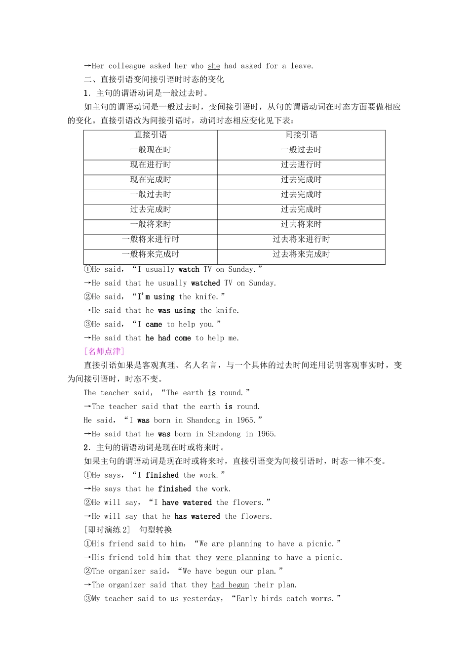 高中英语 Unit 1 Friendship Section Ⅲ Grammar——直接引语变间接引语讲义 新人教版必修1-新人教版高一必修1英语教案_第2页