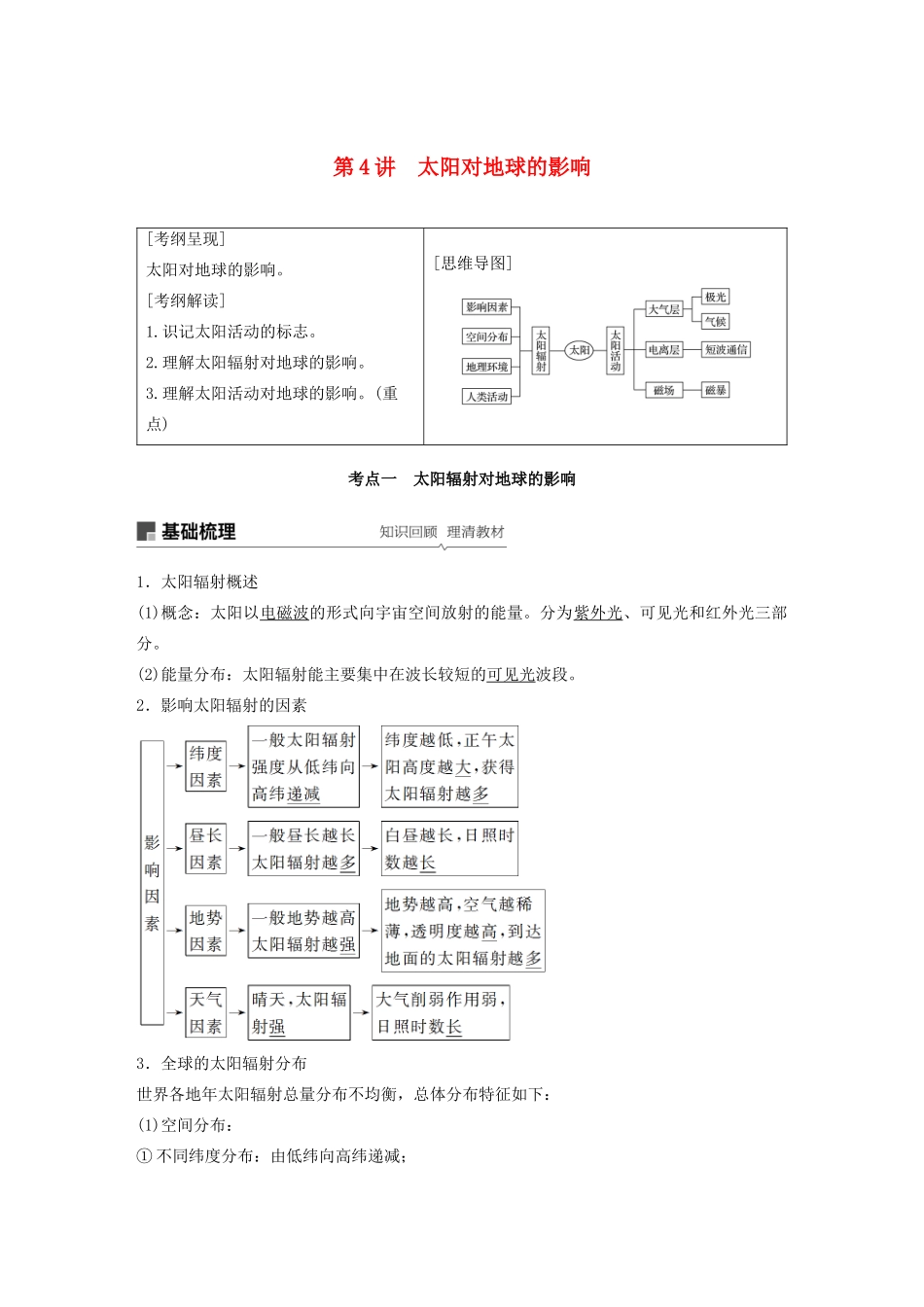 版高考地理新导学大一轮复习 第一册 第二单元 从宇宙看地球 第4讲 太阳对地球的影响讲义（含解析）鲁教版-鲁教版高三第一册地理教案_第1页