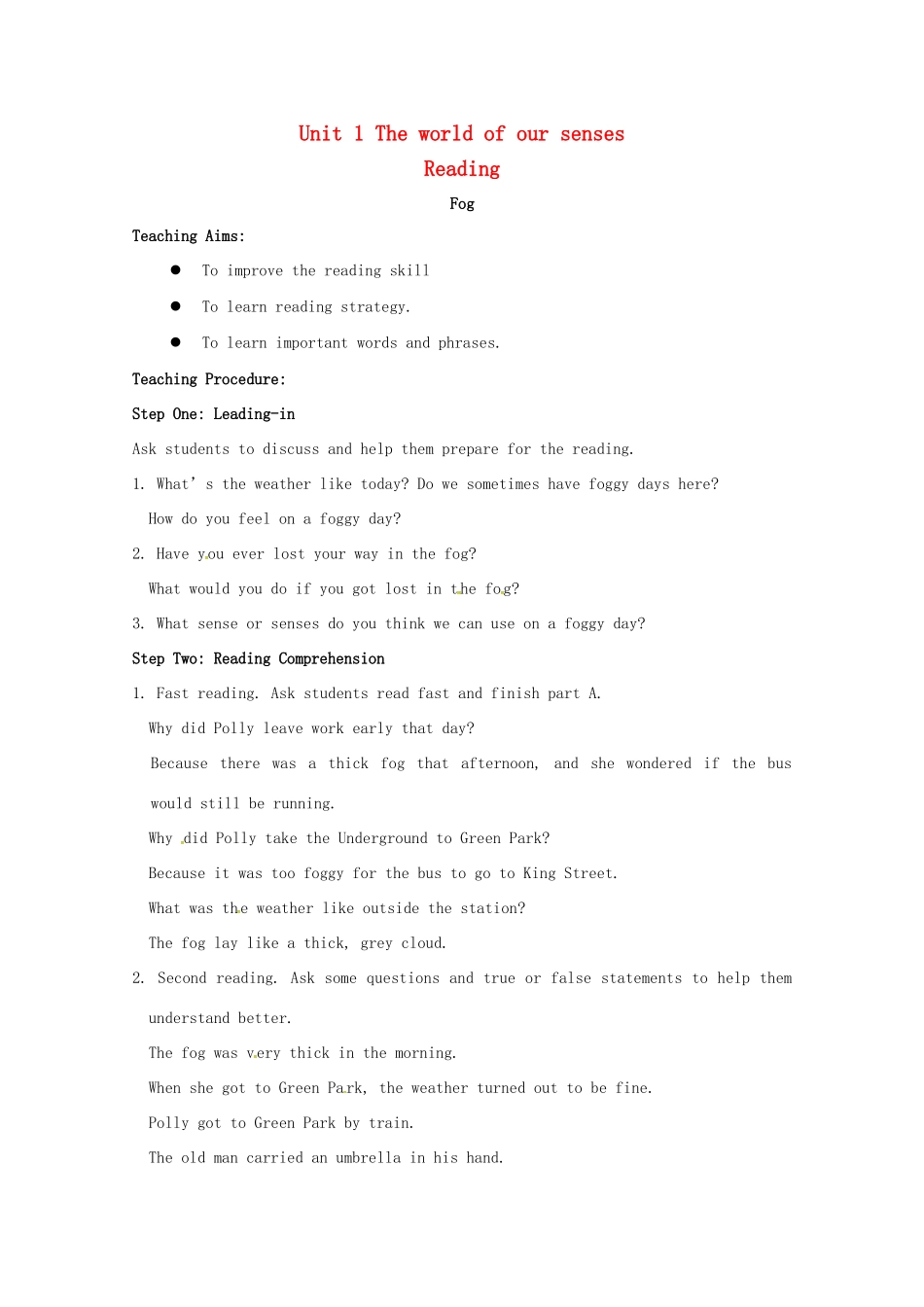 高中英语 Unit 1 The world of our senses Reading教案 牛津译林版必修3-牛津版高一必修3英语教案_第1页