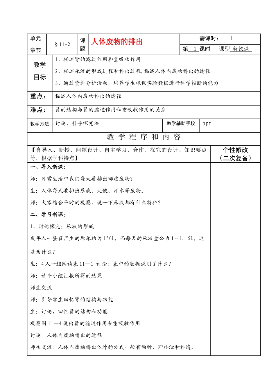 七年级生物下册11-2人体废物的排出教案苏教版_第1页