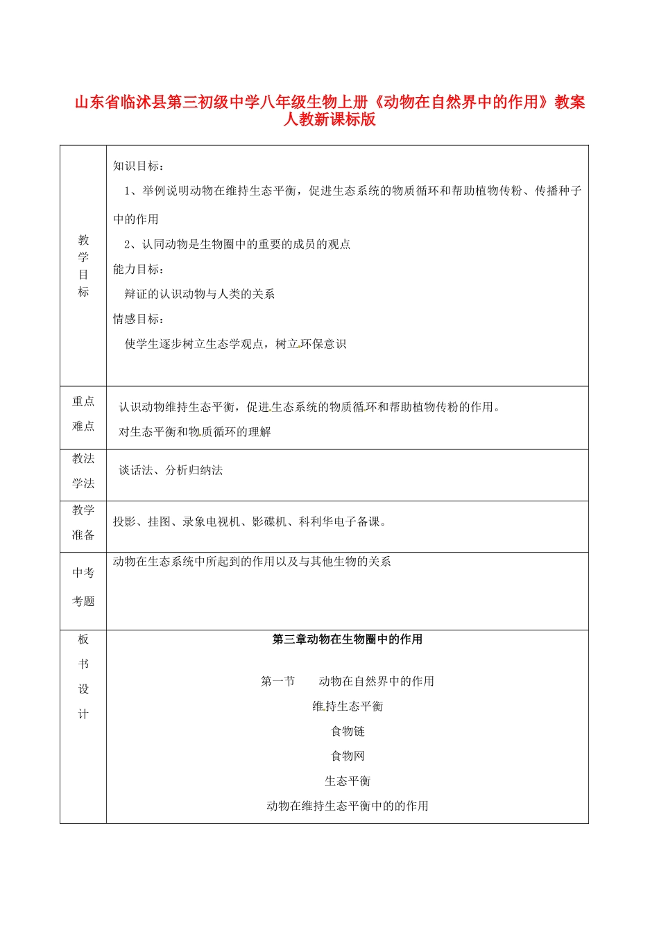 山东省临沭县第三初级中学八年级生物上册《动物在自然界中的作用》教案 人教新课标版_第1页