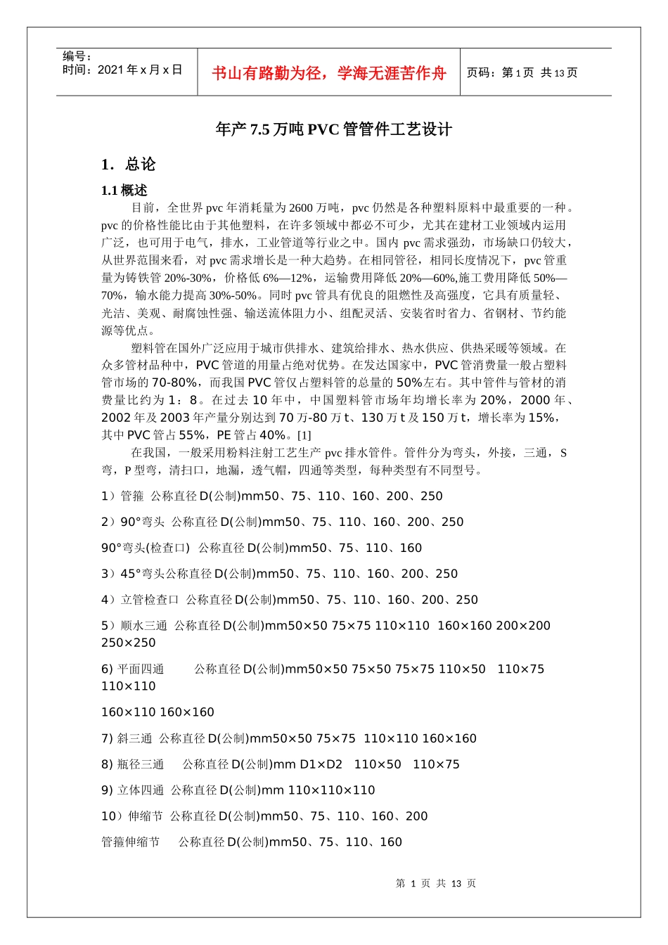 PVC排水管 管件 生产说明书_第1页