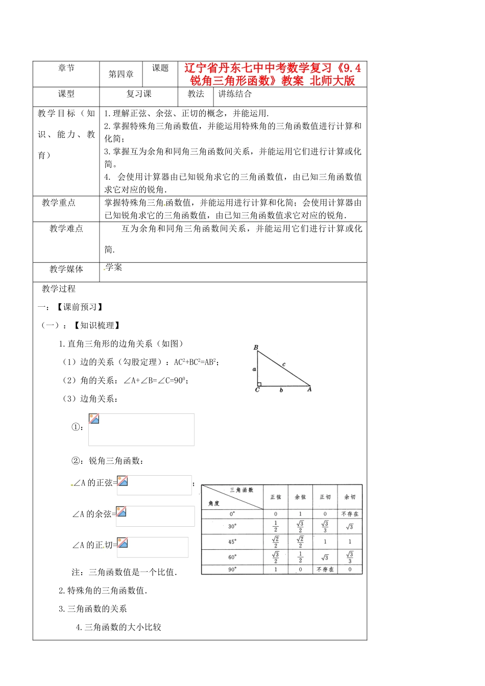 辽宁省丹东七中中考数学复习《9.4锐角三角形函数》教案 北师大版_第1页