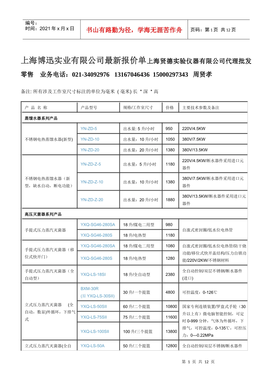 公司最新报价单上海贤德实验仪器有限公司代理批发零售 业务电话_第1页