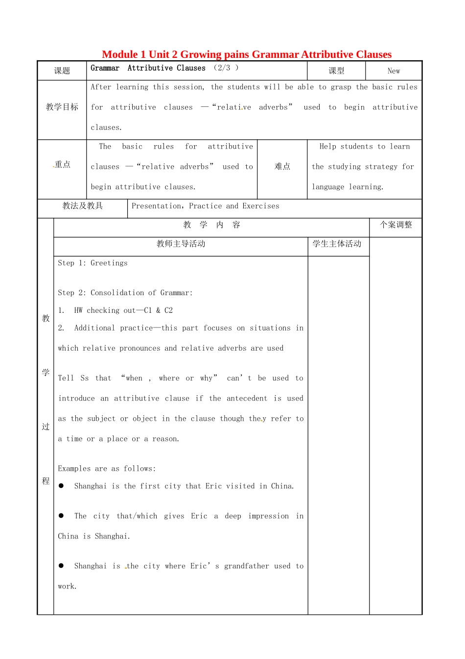 高中英语 Module 1 Unit 2 Growing pains Grammar Attributive Clauses 教案 牛津泽林版必修1-人教版高一必修1英语教案_第1页