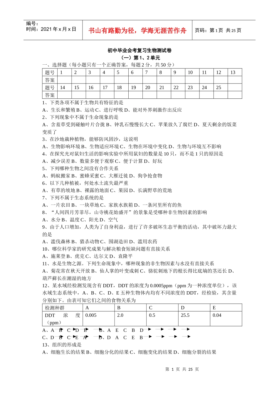 初中毕业会考复习生物测试卷_第1页