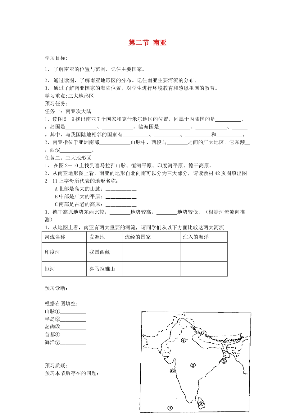 七年级地理下册 第七章 了解地区 第二节 南亚（第2课时）学案（无答案） （新版）湘教版_第1页