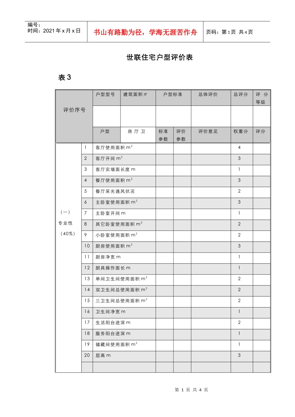 【房地产】附件三：世联住宅户型评价表_第1页