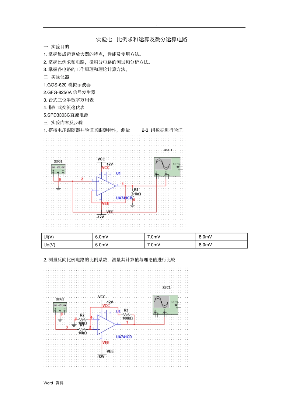 实验七比例求和运算及微分运算电路_第1页
