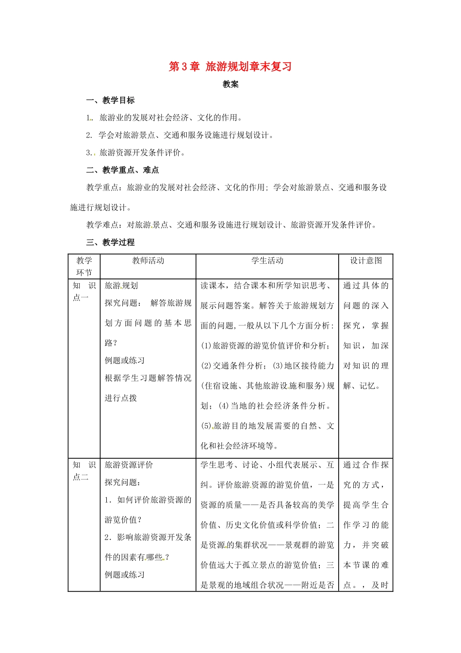 高中地理 第3章 旅游规划章末复习教案 湘教版选修3-湘教版高二选修3地理教案_第1页