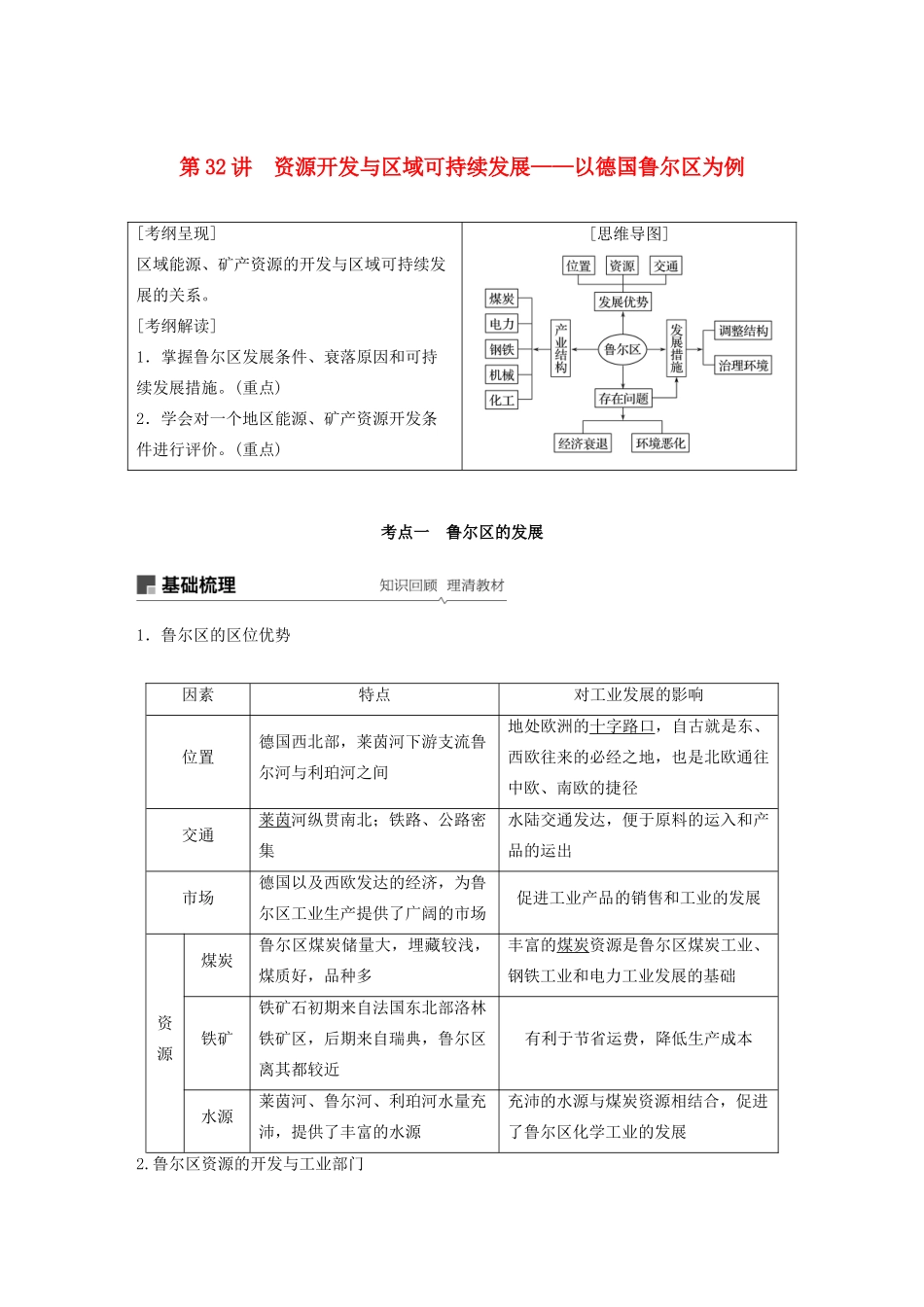 高考地理新导学大一轮复习 第三册 第三单元 区域资源、环境与可持续发展 第32讲 资源开发与区域可持续发展——以德国鲁尔区为例讲义（含解析）鲁教版-鲁教版高三第三册地理教案_第1页