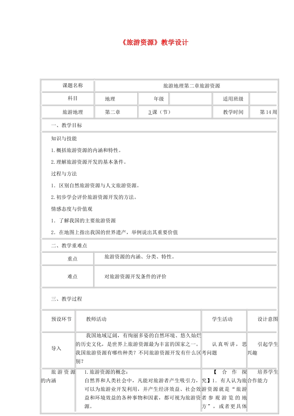 高中地理下学期第12周 旅游资源教学设计-人教版高中全册地理教案_第1页