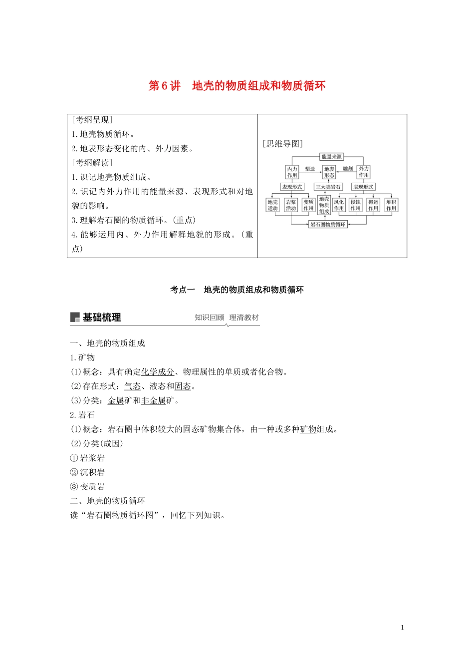 高考地理大一轮复习 第三章 自然环境中的物质运动和能量交换 第6讲 地壳的物质组成和物质循环教案（含解析）湘教版必修1-湘教版高三必修1地理教案_第1页
