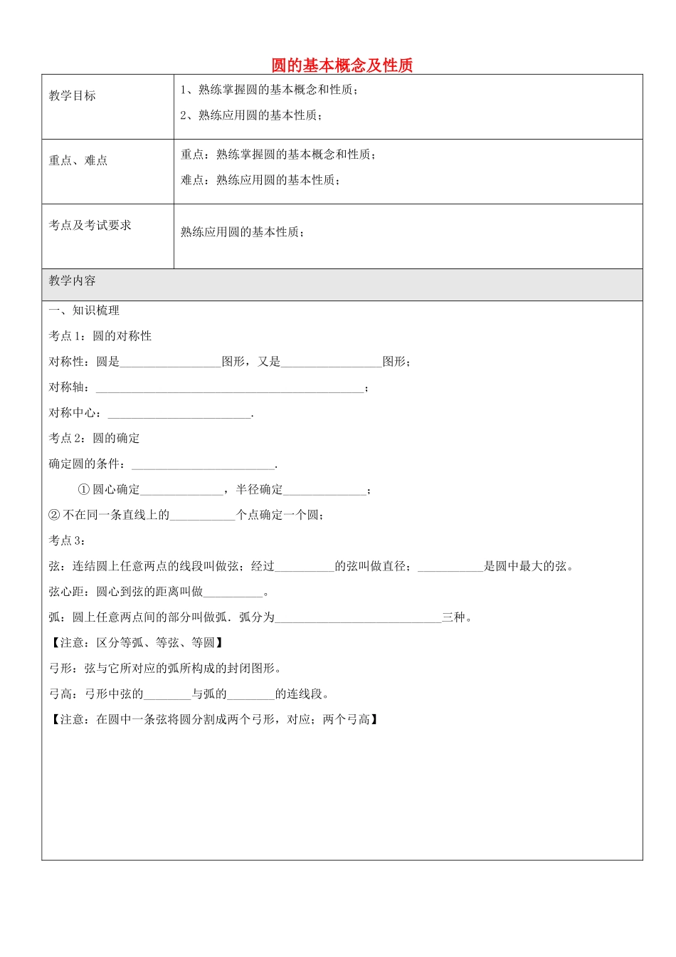 九年级数学下册 第二十七章 圆的基本概念及性质教案 沪教版五四制-沪教版初中九年级下册数学教案_第1页