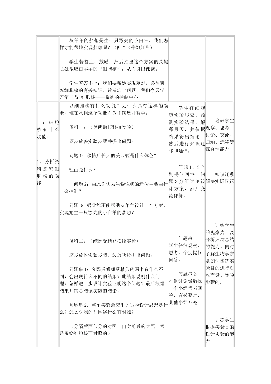 高中生物《细胞核-系统的控制中心》教学设计 新人教版必修1_第3页