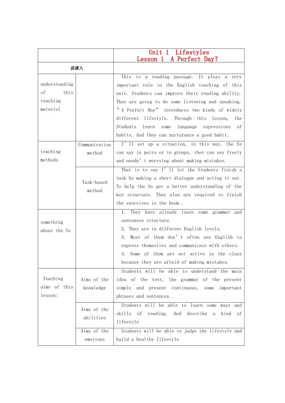 高中英语 Unit 1《Lifestyles》Lesson 1 A Perfect Day说课稿 北师大版必修1_第1页