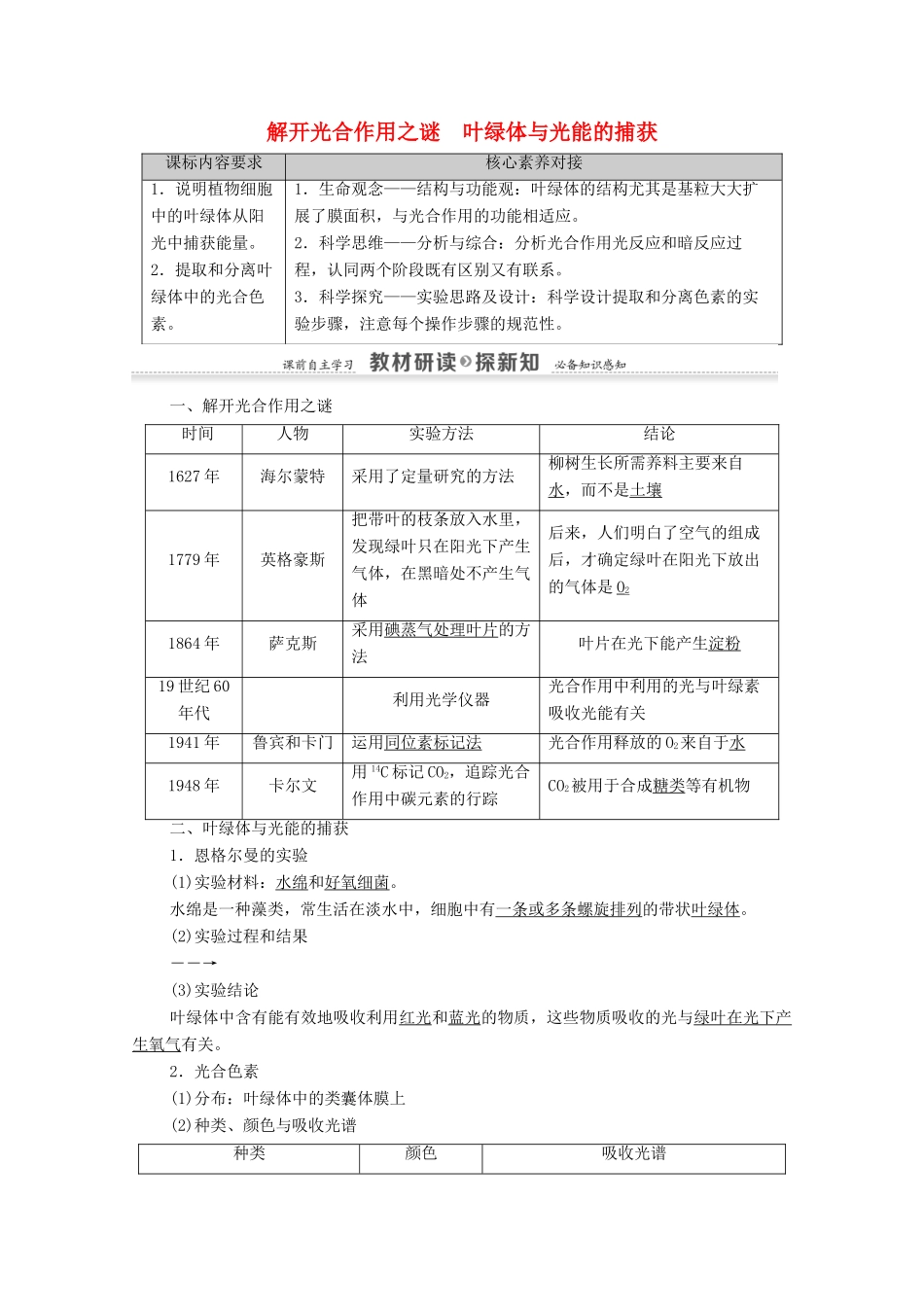 高中生物 第3章 细胞中能量的转换和利用 第2节 第1课时 解开光合作用之谜 叶绿体与光能的捕获教案 苏教版必修1-苏教版高中必修1生物教案_第1页