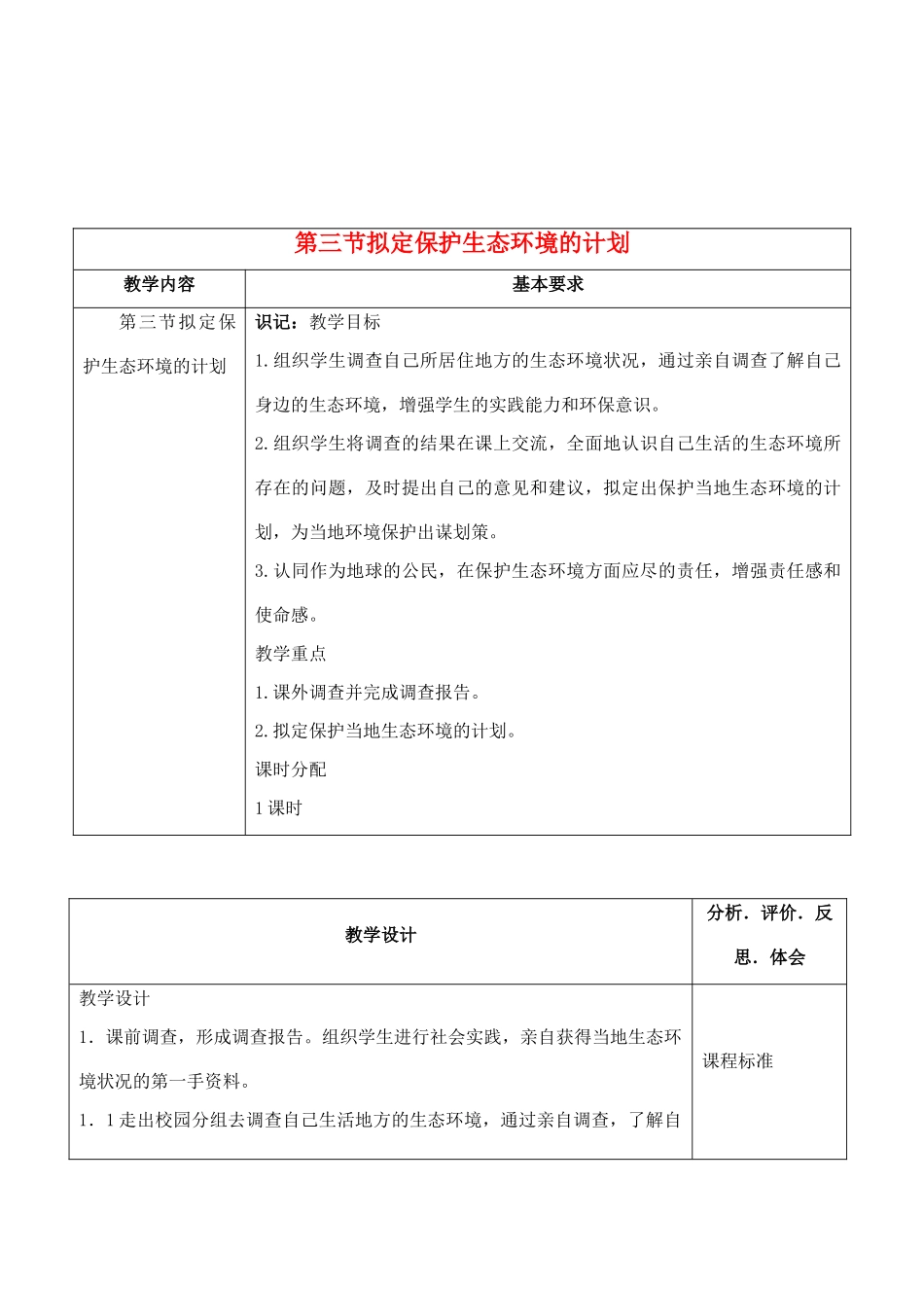 七年级生物下册 7.3拟定保护生态环境的计划教学设计 人教版_第1页