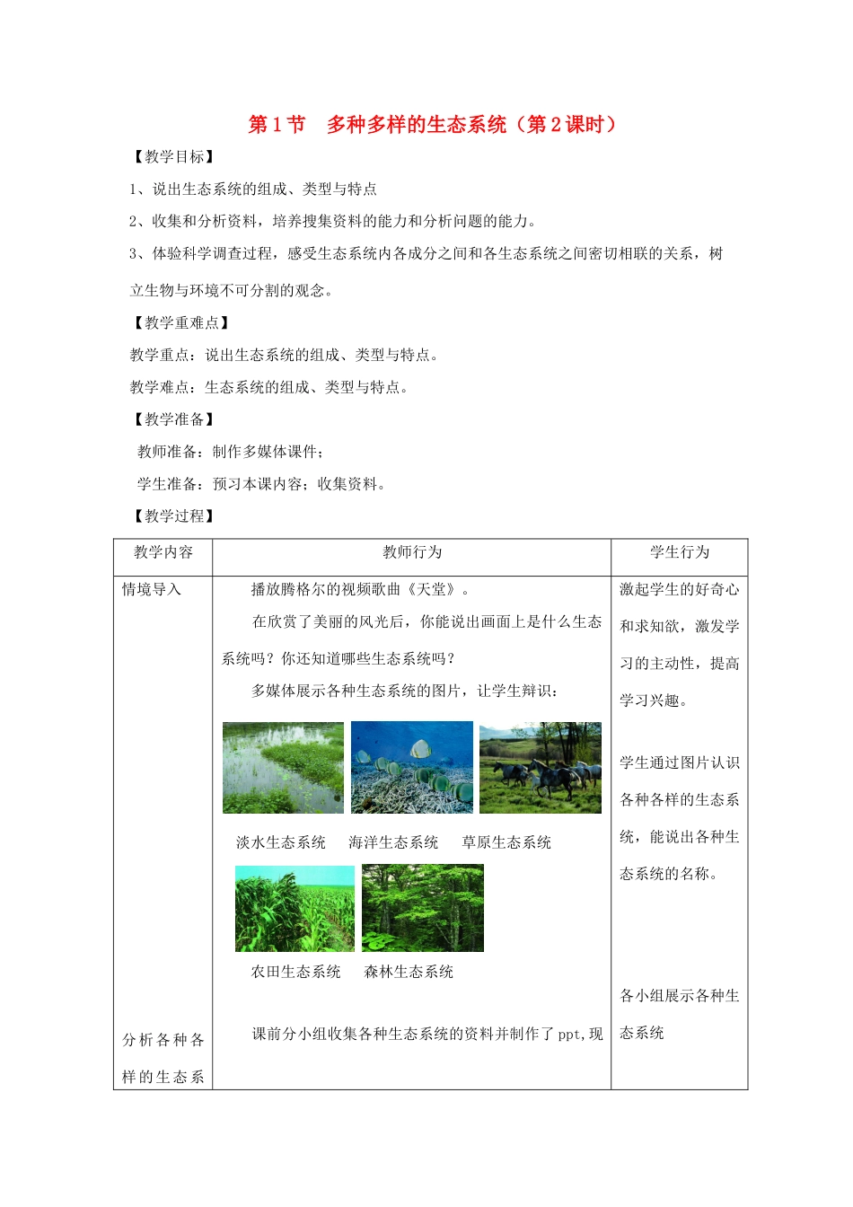 七年级生物上册 2.3.1《多种多样的生态系统》（第2课时）教案1 （新版）苏科版-（新版）苏科版初中七年级上册生物教案_第1页