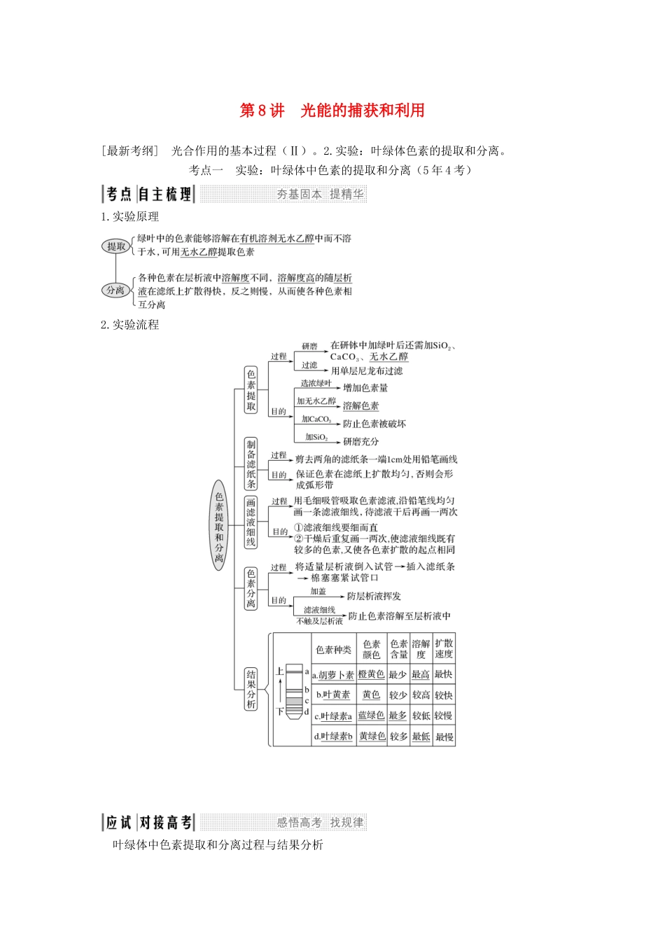 高考生物一轮复习 第四单元 细胞的能量供应与利用 第8讲 光能的捕获和利用教案 中图版-中图版高三全册生物教案_第1页