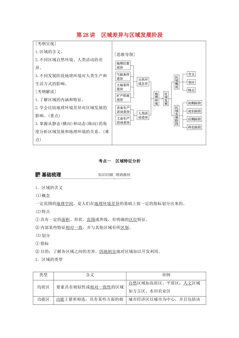版高考地理新导学大一轮复习 第三册 第一单元 区域地理环境与人类活动 第28讲 区域差异与区域发展阶段讲义（含解析）鲁教版-鲁教版高三第三册地理教案_第1页