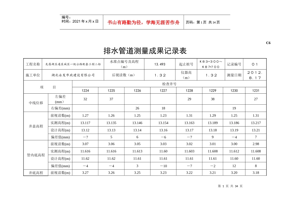C6排水管道测量成果记录表_第1页