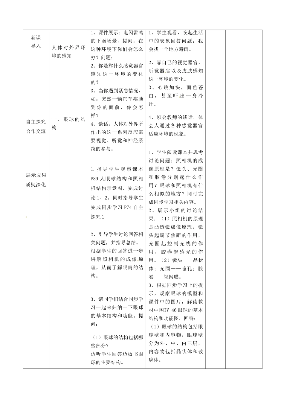 山东省临沭县第三初级中学七年级生物下册《4.6.1人体对外界环境的感知》教案 新人教版_第3页