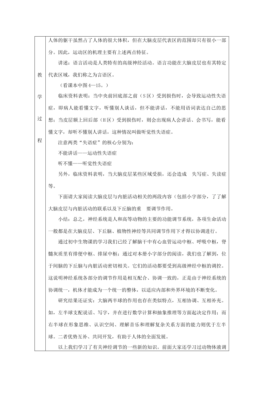 高中生物 第一单元 生物个体的稳态与调节 第三章 动物稳态维持的生理基础 1.3.3 人脑的高级功能（第1课时）教案 中图版必修3-中图版高二必修3生物教案_第3页
