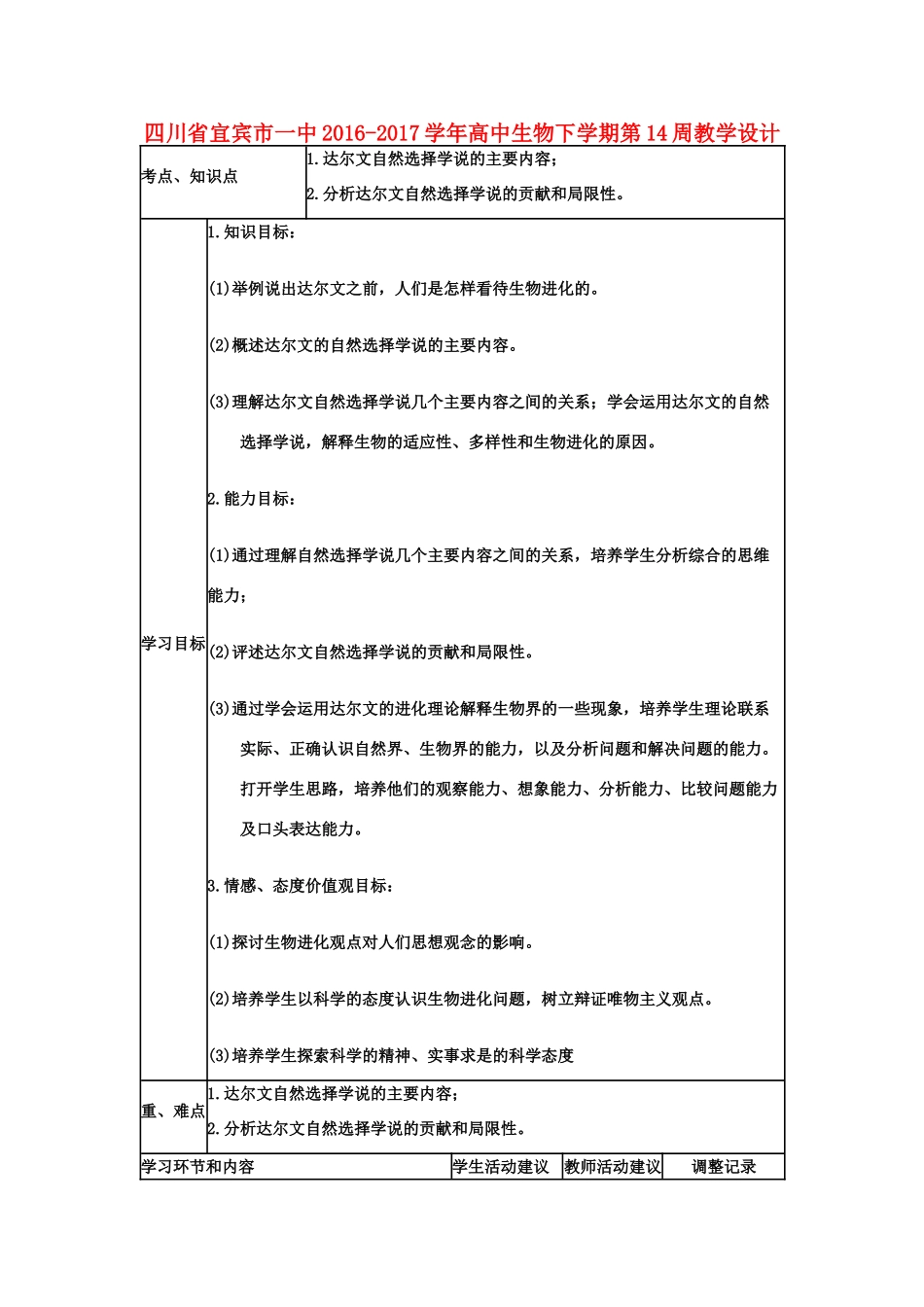 高中生物下学期第14周教学设计-人教版高中全册生物教案_第1页