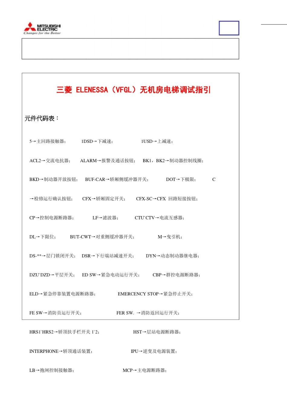 三菱elenessa-vfgl无机房电梯调试_第1页
