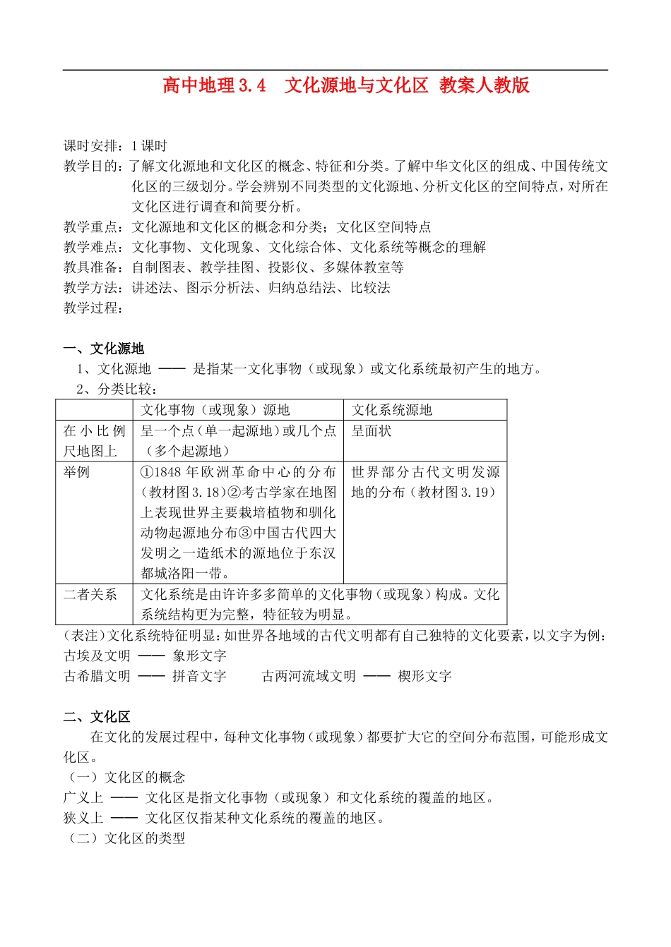 高二地理3.4文化源地与文化区 教案人教版_第1页