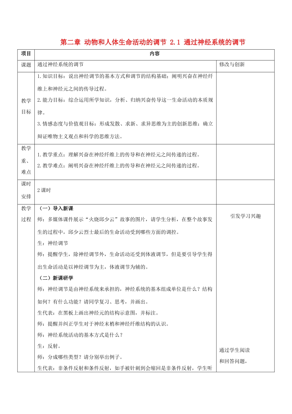 高中生物 第二章 动物和人体生命活动的调节 2.1 通过神经系统的调节教案 新人教必修3-人教版高二必修3生物教案_第1页