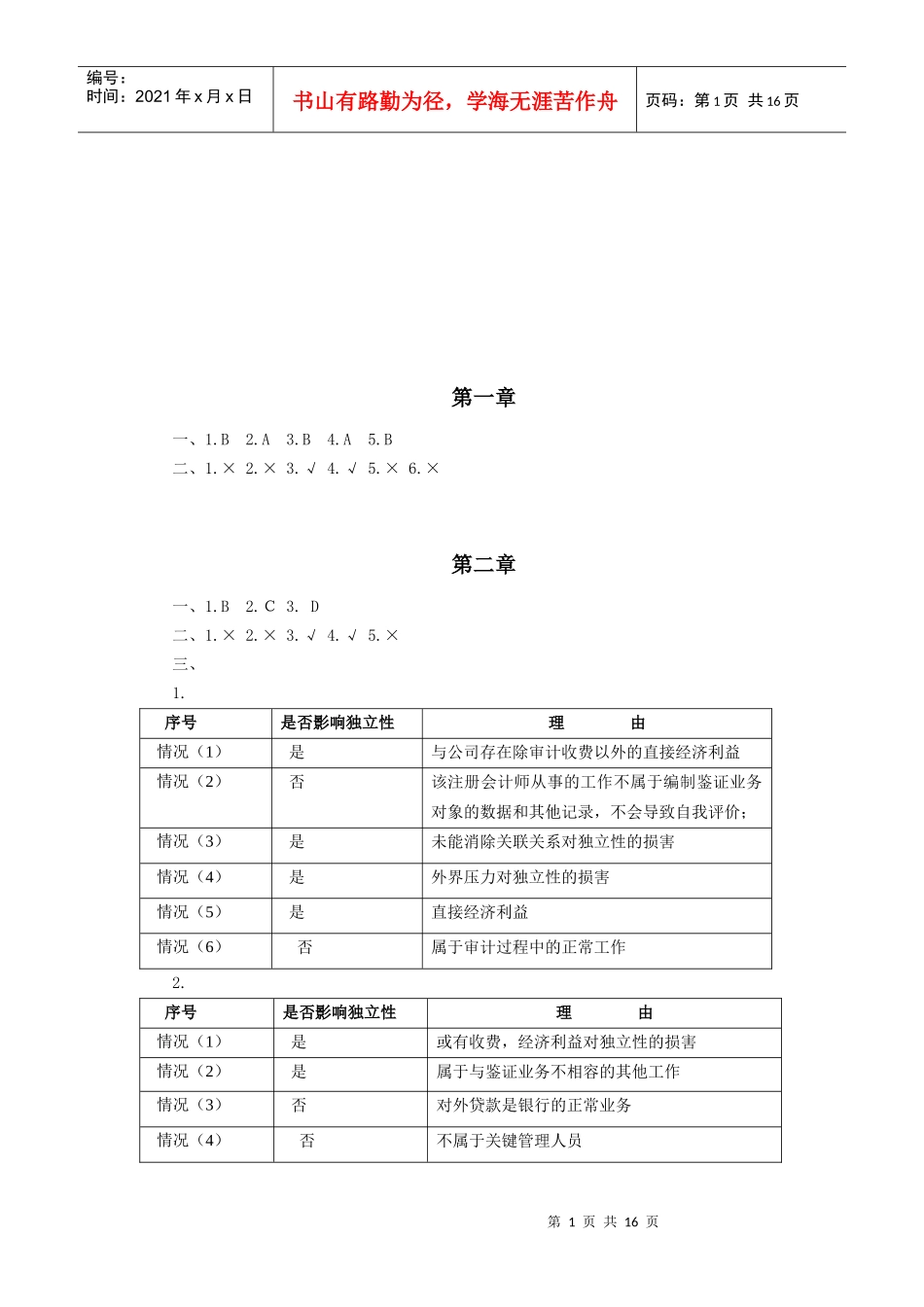 《审计学原理与实务》第2版 第3次印刷 自我测试题参考答案_第2页