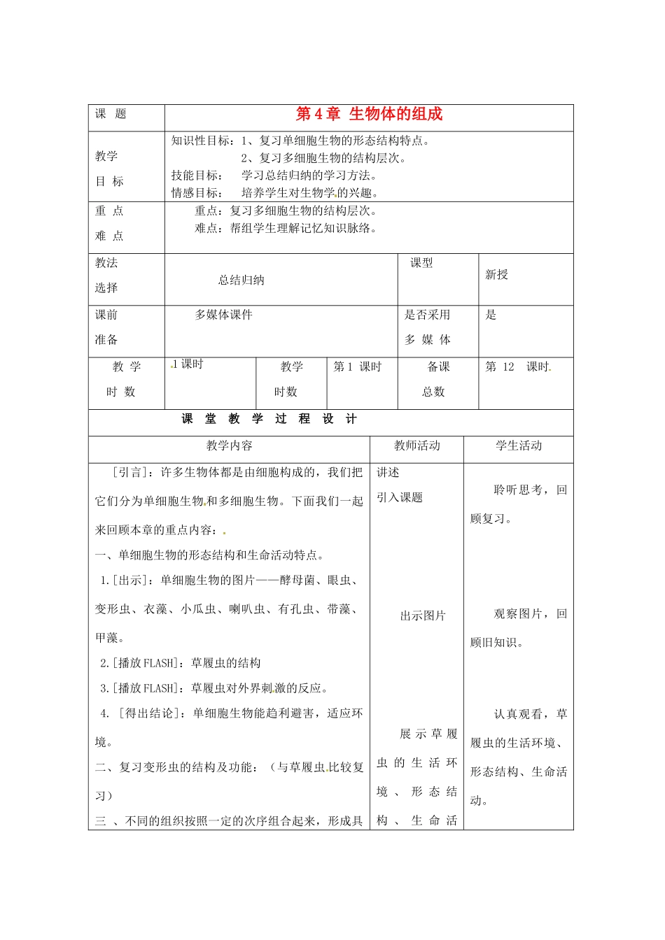 七年级生物上册 第4章 生物体的组成单元评估教案 苏教版-苏教版初中七年级上册生物教案_第1页